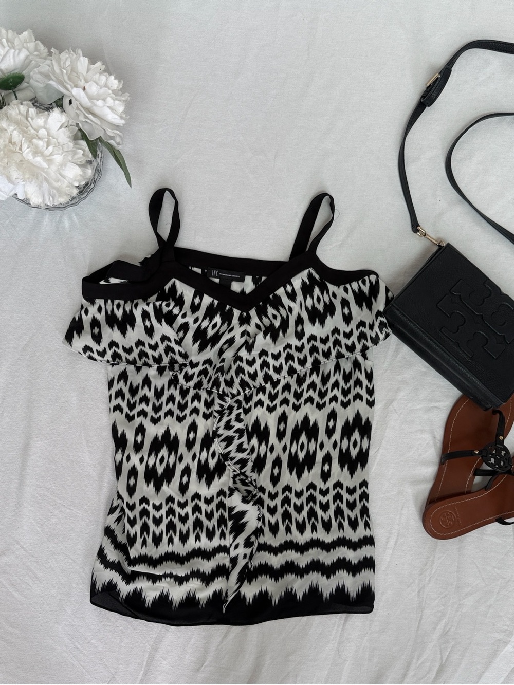 INC International Concepts Black & White Printed Ruffle Strap Cami